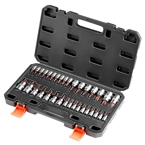 VEVOR Torx Bit Socket Set, 34-Piece Solid Star and Tamper Proof T6-T70, S2 Alloy Steel and Cr-V Steel, 1/4 in, 3/8 in, and 1/2 in Drives, with Enhanced Storage Case, Torx Sockets for Hand Use - style: 34 PCS Torx