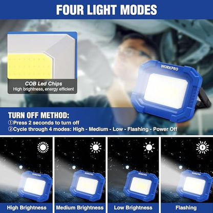 WORKPRO LED Work Light, Rechargeable Magnetic Work Lights with Stand, Portable 2000LM COB Flood Light for Camping, Fishing, Car Repair, Job Site Lighting, Hiking, 4 Modes, 2 Pack