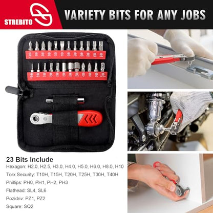 STREBITO Right Angle Screwdriver Set, Low Profile 26 Piece Small Ratchet, Stubby 90 Degree Ratcheting Screwdriver, Mini 1/4 Bit EDC Tool for Tight Spaces, Bike - color: 26 in 1 With Zipper Pouch