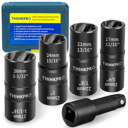 Flip Lug Nut Removal Tool, 5 Piece Wheel Lock Remover Kit | 1/2 Inch Drive Lug Nut Extractor Set, Stripped Lug Nut Remover for Removing Damaged and Stripped Fasteners