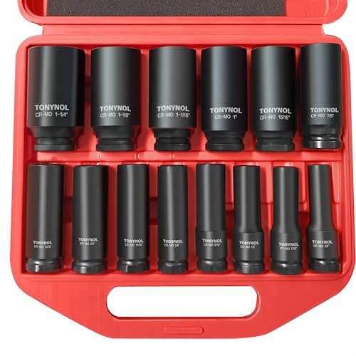 TONYNOL 1/2 Inch Deep Drive Impact Socket Set,6-Point,SAE(3/8" to 1-1/4"),14 Pcs,Cr-Mo Steel,With a Storage Case - size: 1/2" 14PC Deep SAE (9.5-32mm), style: 6-Points