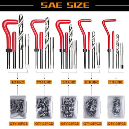 261Pcs Helicoil Thread Repair Kit, Metric & SAE Rethreading Tool | Multi-Size Kit with HSS Drill Bits Inserts Taps Break Off Tools for Automotive Engine, Spark Plug, Stud Bolt Repair