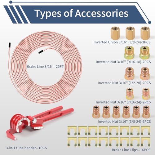 3/16" 25FT Copper Coated Brake Line Kit with Inverted Nuts and Unions, 3 in 1 Tube Bender, Brake Line Clips, Copper Coil Repair Kit for Car Industrial Hydraulic Brake Systems(Gold) - color: Gold, size: 3/16"