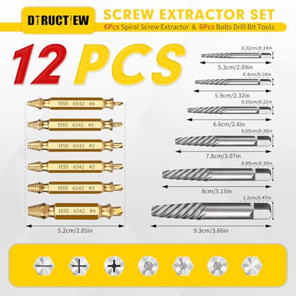 12 Pcs Stripped Screw Extractor Set – Easy Out Screw Extractor Set,Hss 6542 Bolt Extractor Kit,Stripped Screw Removal Tools for Remove Stripped Screws and Broken Bolts - size: 12 Pieces