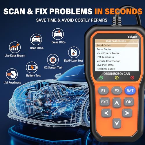 BluSon YM319 OBD2 Scanner Diagnostic Tool with Battery Tester, Check Engine Fault Code Reader with Live Data, Cloud Printing, DTC Lookup, Freeze Frame, Scan Tool for All OBDII Protocol Cars Since 1996 - color: Orange
