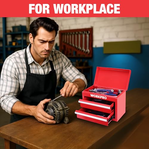 WORKPRO Metal Mini Tool Box with 2 Drawers and Top Storage | Cold Rolled Steel Toolbox, Ball Bearing Slides, PVC Drawer Liners, PP Feet Pads, Durable Storage - color: Red