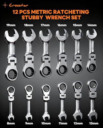 Crosstar 12-Piece Metric Stubby Flex-Head Ratcheting Combination Wrench Set with Rolling Pouch – 8-19mm, 90-Tooth, CR-V Steel, Compact Design for Tight Spaces