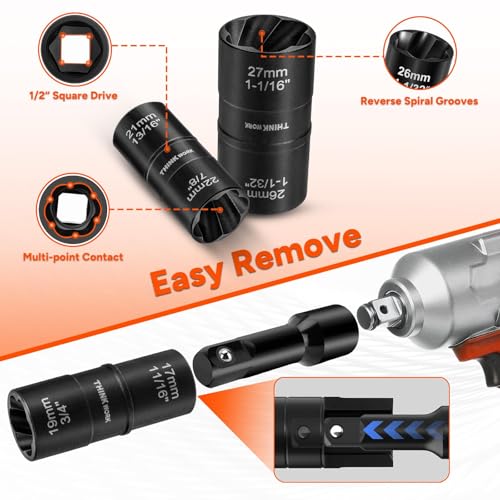 5-Piece Lug Nut Removal Tool, 1/2 Inch Drive Lug Nut Extractor Set | for Stripped, Broken, Damaged, Rounded Bolts, Nuts and Fasteners, 17-27mm, Cr-Mo Steel, Storage Case - size: W6227-5-PCS