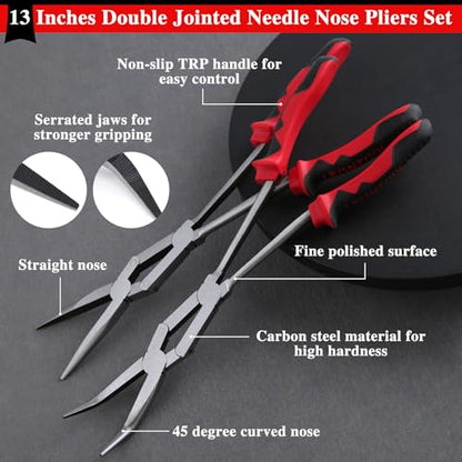 Straight and 45-Degree Bent Needle Nose Pliers Set 2Pcs Double Jointed Needle Nose Pliers Set Extra Long Needle Nose Plier with Serrated Jaw Long reach pliers for Hard to Reach Narrow Spaces - style: Straight Nose & 45 Degree Bent Nose