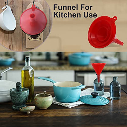 KongNai 4 Pieces Plastic Funnel Set for Kitchen and Automotive Use, Mini, Small, Medium and Large Funnel for Filling Bottles, Canning, Cooking, Lab or Car Oil Funnels (Red) - color: Red