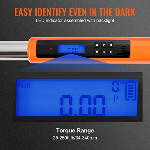 VEVOR Digital Torque Wrench 1/2" Drive(25-250ft.lb/34-340n.m), ±2% Torque Accuracy, 3-Mode Adjustable Electronic Torque Wrench with LED Buzzer Calibration - size: 25-250 FT.LB, style: 1/2-Inch