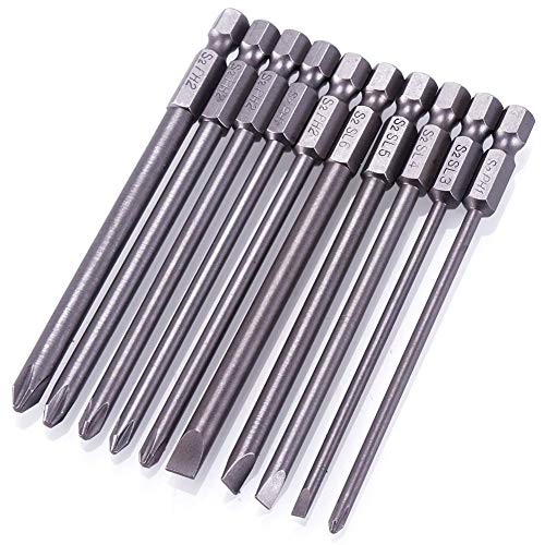 Rocaris 10pcs 1/4 Inch Hex Shank Long Magnetic Screwdriver Bits Set 4 in Power Tools (Slotted+Cross Head) - size: 10Pcs(Slotted+Cross)