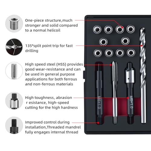 M6X1.0 Metric Thread Repair Kit with Insert HSS Drill, Tap, Installation Driver, Counterbore, Two Sizes Stainless Steel Insert 5PCS 9.4MM and 5PCS 12MM