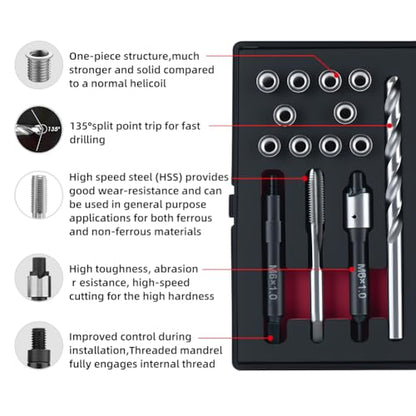 M6X1.0 Metric Thread Repair Kit with Insert HSS Drill, Tap, Installation Driver, Counterbore, Two Sizes Stainless Steel Insert 5PCS 9.4MM and 5PCS 12MM