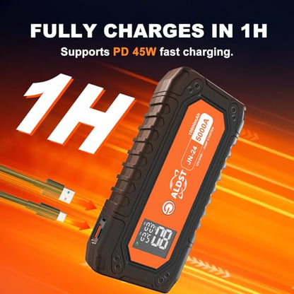Jump Starter 5000A 10000mAh, 12V Battery Pack for 9.0L Gas 8.0L Diesel | Battery Jumper Starter Portable, PD45W Fast Charging Power Bank, LED Display Flashlight for Cars Trucks RVs