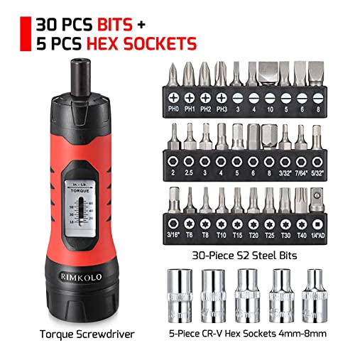 Torque Screwdriver Wrench Set (10-65 In.lb ±1) with 29 S2 Alloy Bits & 5 Drive Sockets | 1/4" Socket Adapter for Tools, Bike Repair, Mounting | Includes Portable Case