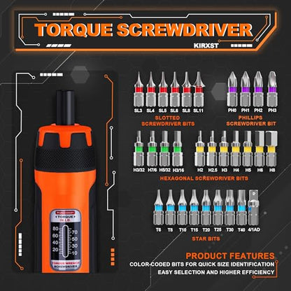 31 PCS 1/4" Drive Torque Screwdriver, 10-80 Inch Pounds Torque Screwdriver Set with S2 Bits and Socket Adapter for Maintenance, Screwdriver Set for Tools, Bike Repairing and Mounting - size: 10-80inch S