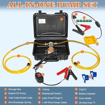 12V/24V 100W Oil Change Pump Set, Fast 1-4L/min Flow Oil Transfer Pump with Yellow Battery Adapter Compatible with DEWALT 20V/18V Battery, Fluid Transfer for Trucks, Boats, Lawnmowers - color: SET 02+Yellow battery adapter
