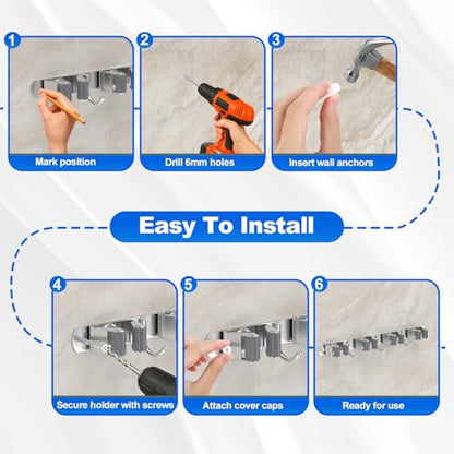 Broom Holder Wall Mount Mop Organizer, 4 Racks 3 Hooks, 2 Pack | Premium Stainless Steel Broom Hanger for Durable Rustproof Tool Rack Storage in Home, Kitchen, Garden, Laundry, Garage - size: 4 Racks 3 Hooks