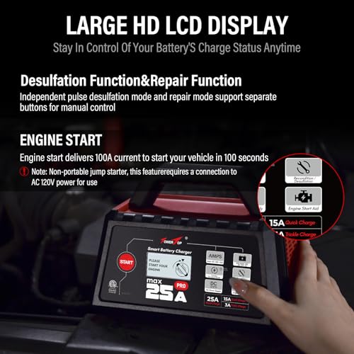 TowerTop 25A Max Pro Battery Charger: 12V Fully Automatic Smart Trickle Charger, Automotive Battery Maintainer with Engine Start, DC Supply, Winter Mode, Recondition,Desulfation, for Lead Acid/Lithium - color: 25A Max Pro