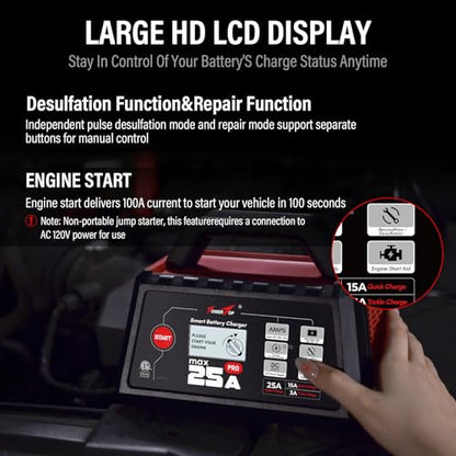 TowerTop 25A Max Pro Battery Charger: 12V Fully Automatic Smart Trickle Charger, Automotive Battery Maintainer with Engine Start, DC Supply, Winter Mode, Recondition,Desulfation, for Lead Acid/Lithium - color: 25A Max Pro
