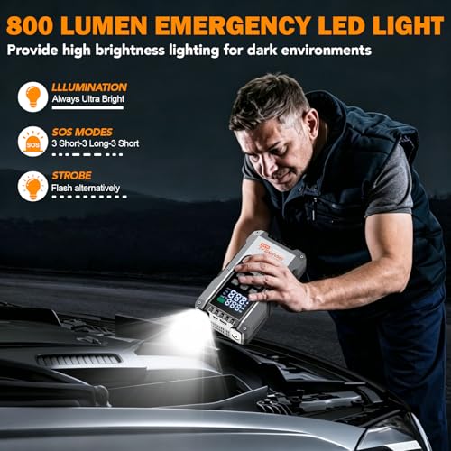 6000A Jump Starter with Air Compressor 160PSI 12V for All Gas/10L Diesel | Portable Car Battery Fast Charge Jump Starter, Jump Box with 3 Modes Flashlight and Jumper Cables Pack with Carries Case