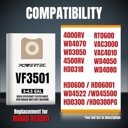 POWERTEC VF3501 Size C Shop Vac Bags for Ridgid 5 Pack, 3-4.5 Gal. 23738 Vacuum Bags for Ridgid 4000RV, WD40700 Wet Dry Vac (75017V) - size: VF3501 (Size C), style: 5 Pack