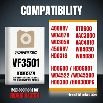POWERTEC VF3501 Size C Shop Vac Bags for Ridgid 10 Pack, 3-4.5 Gal. 23738 Vacuum Bags for Ridgid 4000RV, WD40700 Wet Dry Vac (75017-P2) - size: VF3501 (Size C), style: 10 Pack