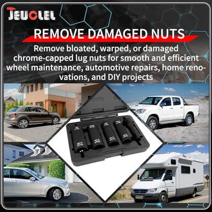 6PCS 1/2" Drive Flip Lug Nut Impact Socket Set, 8-IN-4 Socket Design Metric 17 19 21 22 mm and SAE 3/4 13/16 7/8 15/16 in Dual-End Thin Wall Nut Sockets, Double Sided Lug Nut Extractor