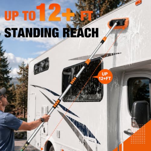 LAANPOLE 12FT Car Wash Brush with Long Handle, Car Cleaning Brush with 12 Inch Soft Bristle and Soap Dispenser, Solar Panels Cleaner with Telescoping Pole for RV, Truck, Boat, House Siding, Orange - color: Orange