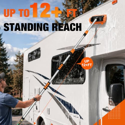 LAANPOLE 12FT Car Wash Brush with Long Handle, Car Cleaning Brush with 12 Inch Soft Bristle and Soap Dispenser, Solar Panels Cleaner with Telescoping Pole for RV, Truck, Boat, House Siding, Orange - color: Orange