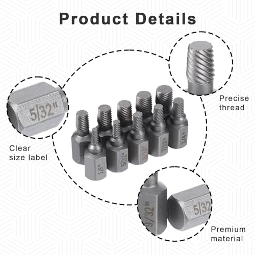 10Pcs Easy Out Screw Extractor Set,Broken Head Bolt Screw Cap Extractor,Hex Broken Bolt Extractor Kit,Broken Head Screw Hexagon Socket Bolt Removal Tool,Hex Head Bolt Remover Kit,Father's Day Gifts - color: Sliver