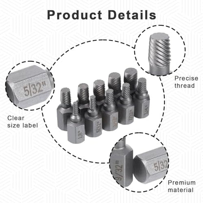 10Pcs Easy Out Screw Extractor Set,Broken Head Bolt Screw Cap Extractor,Hex Broken Bolt Extractor Kit,Broken Head Screw Hexagon Socket Bolt Removal Tool,Hex Head Bolt Remover Kit,Father's Day Gifts - color: Sliver