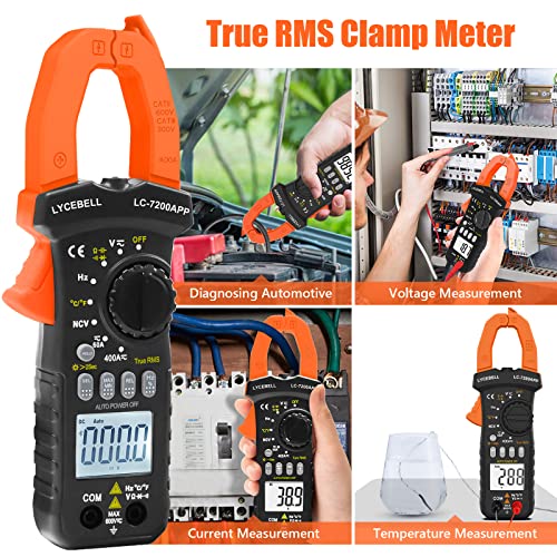 6000 Counts Clamp Meter & Bluetooth, Digital AC DC Voltage Current Amp Ohm Meter TRMS NCV Detector, Clamp Multimeter for Resistance Diode Continuity Temperature Car Electrical Tester 7200-APP