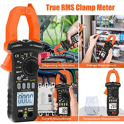 6000 Counts Clamp Meter & Bluetooth, Digital AC DC Voltage Current Amp Ohm Meter TRMS NCV Detector, Clamp Multimeter for Resistance Diode Continuity Temperature Car Electrical Tester 7200-APP