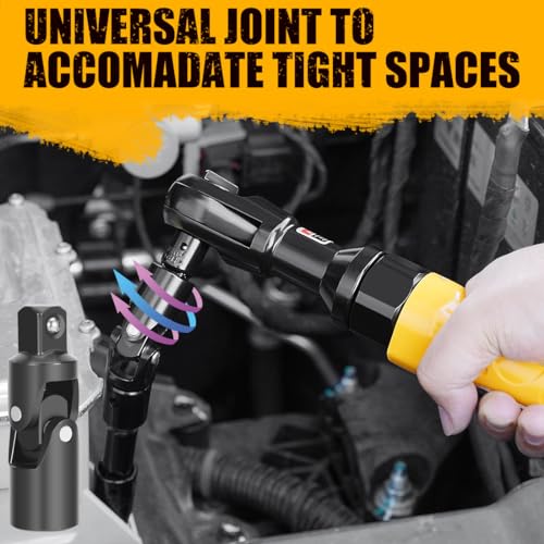 FUJIWARA 3/8 Inch Air Ratchet Wrench Set with 1/2" Drive Adapter,50ft-lbs Pneumatic Torque Impact Wrench Tools Kit with 6 Sockets(10,11,13,17,19,21MM) for Auto Maintenance, Repair Work -Yellow