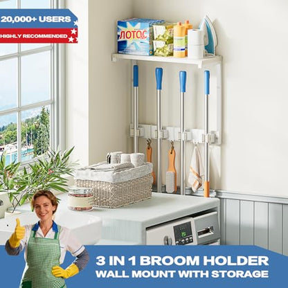Olakee Broom Holder Wall Mount with Cleaning Supplies Organizer, Laundry Room Organization and Storage Shelves, Mop Hanger Rack with Hooks, Utility Shelf Closet Organizer for Garage Home Improvement - size: Small