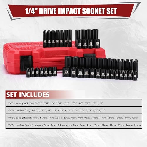MIXPOWER 50 Pieces 1/4" Dr. Impact Socket Set, CR-V, 6 Point, SAE/Metric, 5/32 Inch - 9/16 Inch, 4mm - 15mm, Shallow/Deep - size: 1/4" Without Accessories