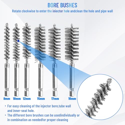 17-Pack Professional Diesel Injector Seat Cleaning Set 8090S on Cylinder Heads with Swabs and Helix Brushes, Two-Stage Brushes, Bore Brushes and Swabs Stainless Steel
