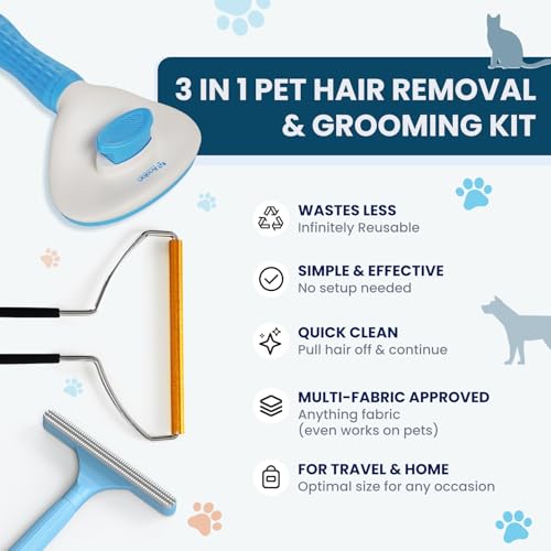 Analan 3-in-1 Pet Hair Remover & Grooming Set for Dogs & Cats – Self-Cleaning Brush for Shedding, Cat Brush, Metal Fur Remover for Couch Carpet & Car, and Rubber Tool for Clothes & Bedding