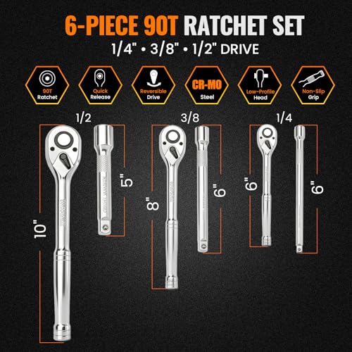 6-Piece Ratchet and Socket Extension Set, 90T 1/4", 3/8", 1/2" Drive Ratchet Wrench Set, Quick-Release Reversible with Cr-Mo Head for Automotive & Home Repair - size: Combo Kit(1/4" & 3/8" & 1/2")