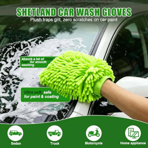 6PCS Microfiber Car Wash Mitt - Car Wash Gloves Kit with Microfiber Cleaning Cloth and Car Wash Sponge for Car Washing, Trucks, SUVs, Motorcycles Cleaning Detailing Polish - color: Greyish-green