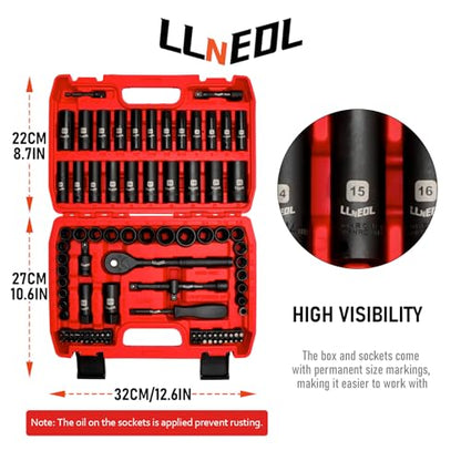 LLNEDL 3/8" Drive Impact Socket Set 95Pcs, Spark Plug Socket (5/8", 13/16"), 6 Point Metric & SAE from 5/16"- 3/4", 8-22mm, CR-V Deep & Shallow Kit with Quick Release Ratchet (72-Tooth) for Home & DIY - color: Red Case
