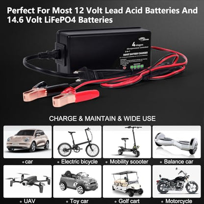 ULTRAPOWER 14.6V 10A LiFePO4 Battery Charger,Smart Battery Charger for 12V LFP Batteries and Lead Acid Battery,4LEDs Indicator,Fast Charging,High Efficiency for Deep Cycle Batteries.