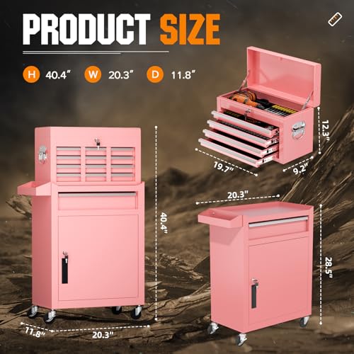 Oakcloud Heavy-Duty 5-Drawer Rolling Tool Chest & Cabinet Combo with Black Liner – Lockable Steel Garage Tool Box on Wheels – Detachable Top Toolbox & Bottom Storage Cart with Side Hooks, Pink - color: Pink, size: 5-drawer
