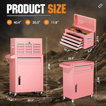 Oakcloud Heavy-Duty 5-Drawer Rolling Tool Chest & Cabinet Combo with Black Liner – Lockable Steel Garage Tool Box on Wheels – Detachable Top Toolbox & Bottom Storage Cart with Side Hooks, Pink - color: Pink, size: 5-drawer