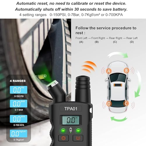 Digital Tpms Reset Gauge Tool, Digital Tire Pressure Gauge & Tpms Relearn Tool, Reset Sensor 2 in 1 Digital Tyre Pressure Gauge Tool 4 Setting Ranges Auto Off