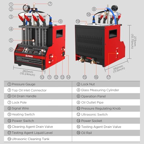 CT160 Fuel Injector Cleaner & Tester, 4-Cylinder Ultrasonic Cleaning Machine with Heating & 11 Test Modes for Cars Motorcycles - 110V/220V - color: Red