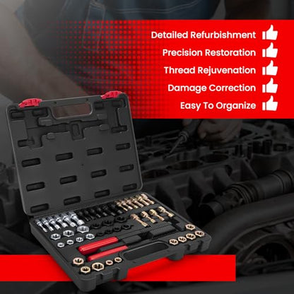 48PCS Thread Chaser Set, Metric SAE Thread Restorer Kit, Thread Repair Kit with 22 Taps 24 Dies 2 Thread Files for Wheel Stud, Spark Plug, Engine, Standard Screw Threading UNC UNF with Case