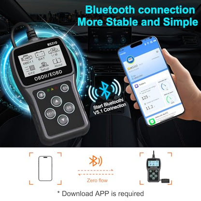 Bluetooth OBD2 Scanner Diagnostic Tool with Battery Tester: Check Engine Code Reader - Plug & Play with Live Data and Trip Analysis, Scan Tool for All OBDII Protocol Cars Since 1996